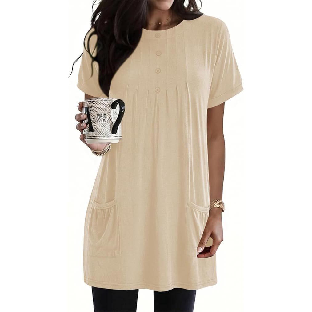 Women's Pocket Henley Tunic Top Beige