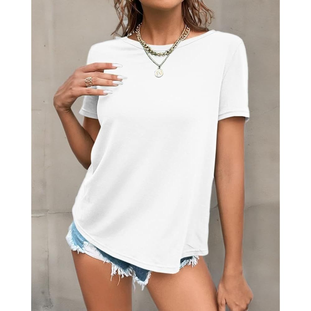 Women's Twist Backless Short Sleeve T Shirts Tops Round Neck Curved Hem Casual Workout Tee T-Shirts