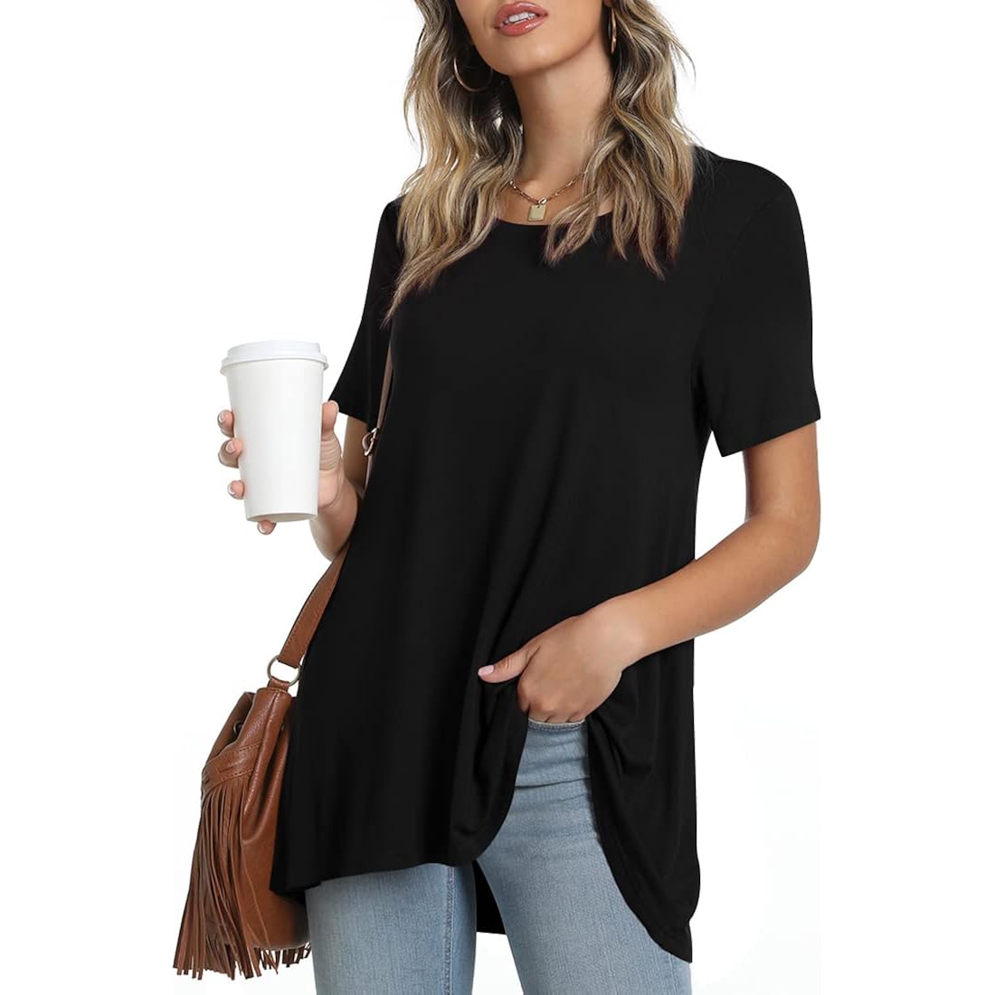 Women's Longline Leggings Fit Tunic Top Black