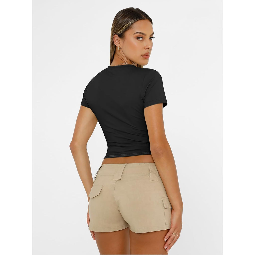 AUTOMET Women's Crew Neck Short Sleeve Basic Stretchy Tight Fitted T-Shirt 2026