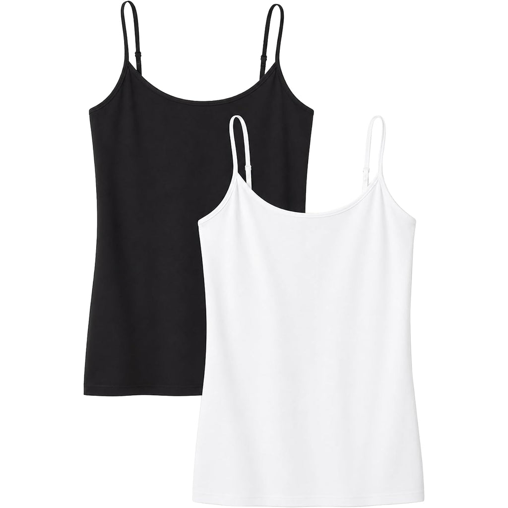 Camisole Tops for Women 2 Pack Black White Adjustable Strap Basic Cami Tank Tops Soft Stretch Layering Undershirts