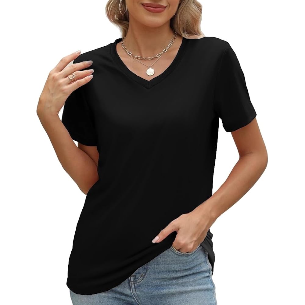 100% Cotton V Neck Short Sleeve T Shirts for Women, Plain T-Shirt，Basic Tees
