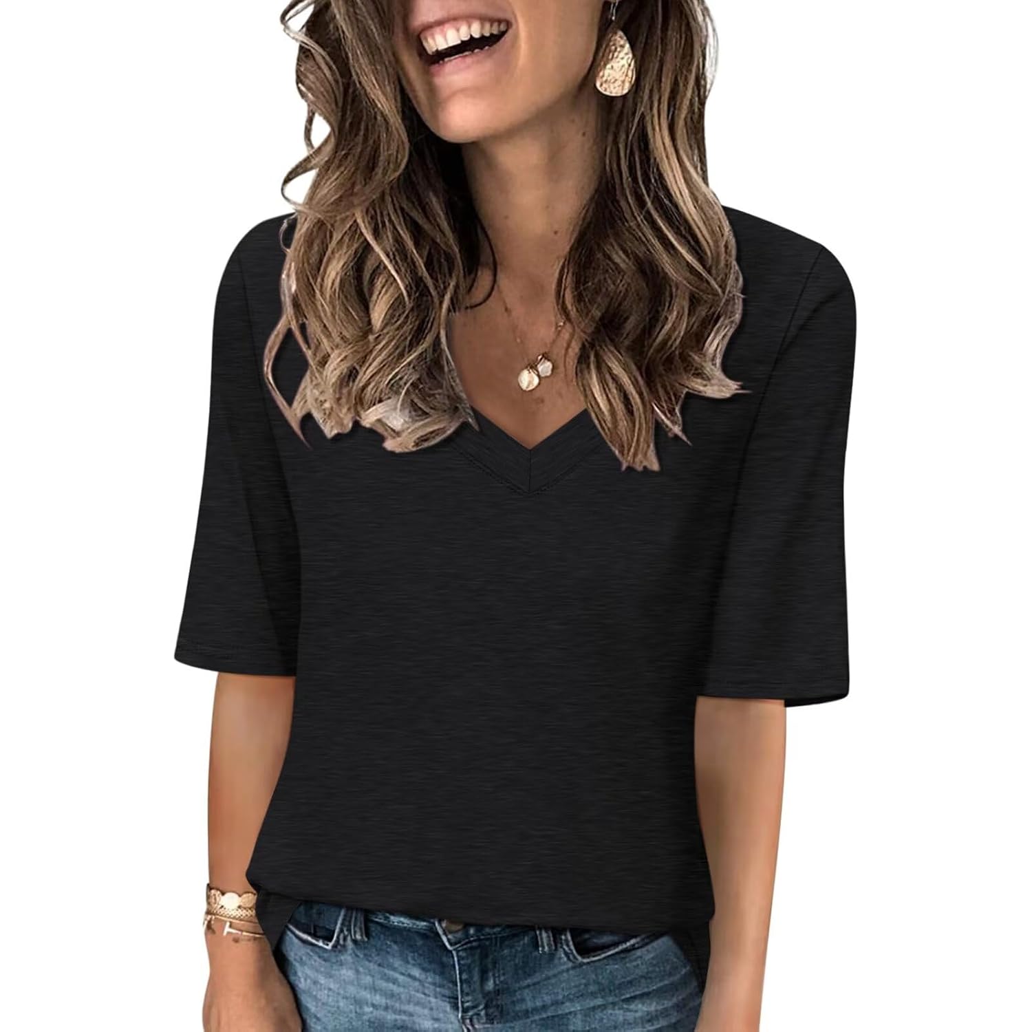 Minetom Women's V Neck T Shirts Casual Half Sleeve Tops Basic Summer Tees