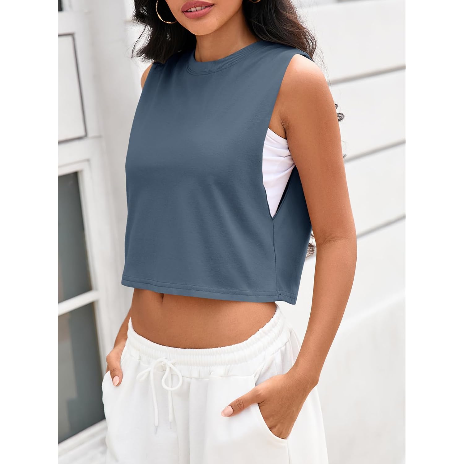 Women's Boxy Workout Crop Tank Top Blue Grey