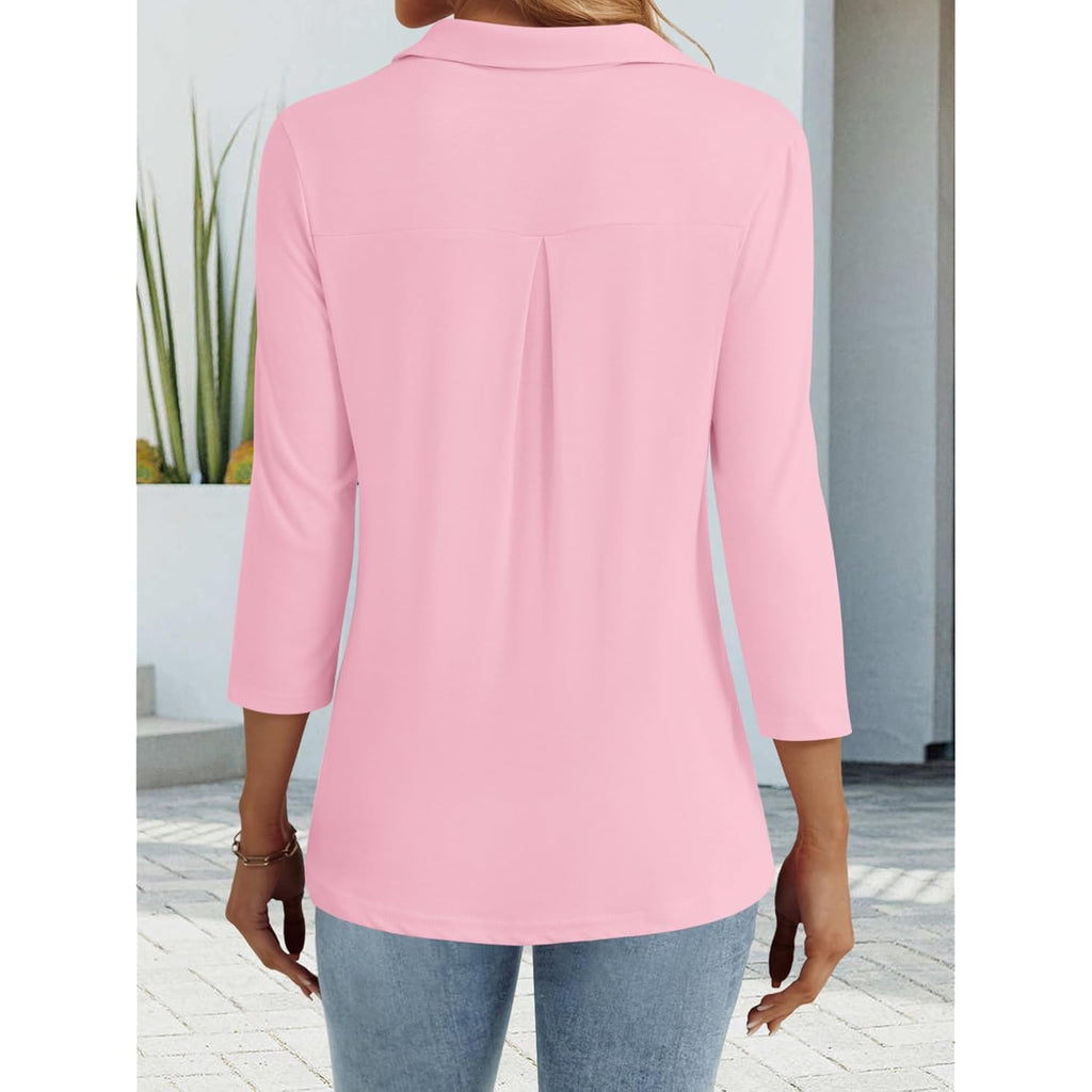 Women's 3/4 Sleeve V-Neck Polo Shirt Light Pink