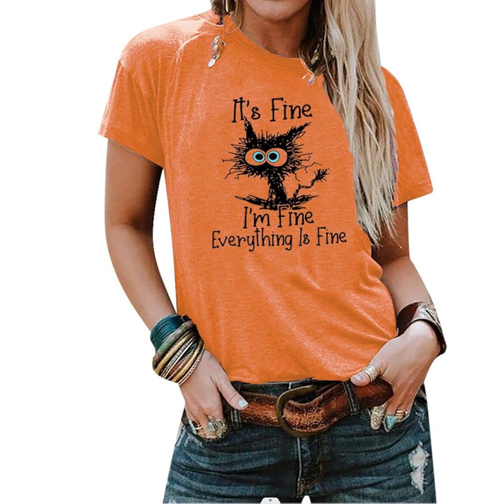 Women's I'm Fine Everything is Fine T-Shirts Short Sleeve Sayings Loose Fit Casual Cute Cat Graphic Tee Blouse Tops