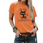 Women's I'm Fine Everything is Fine T-Shirts Short Sleeve Sayings Loose Fit Casual Cute Cat Graphic Tee Blouse Tops