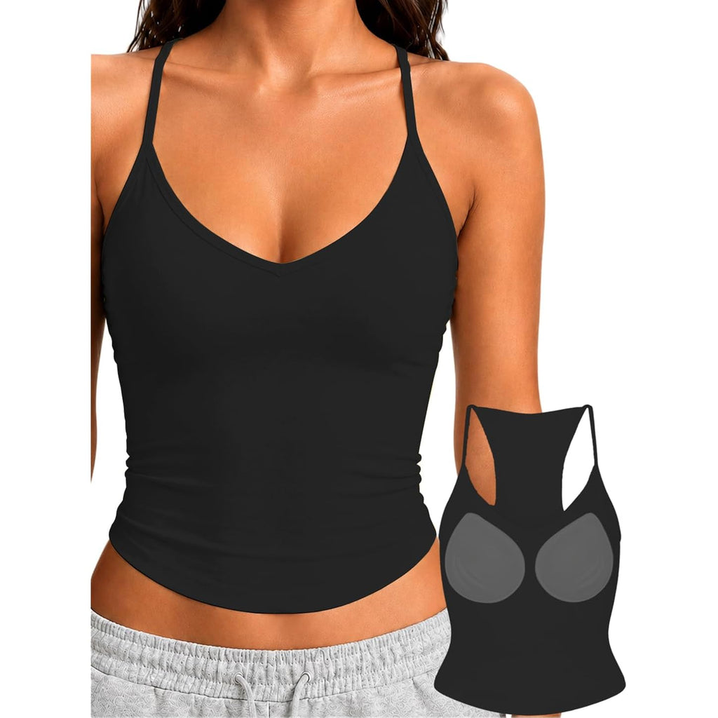 Danysu Double Lined Padded Racerback Stretchy Crop Tank Tops V Neck Slim Fitted Tee Workout Gym Yoga Y2K Going Out Camisole