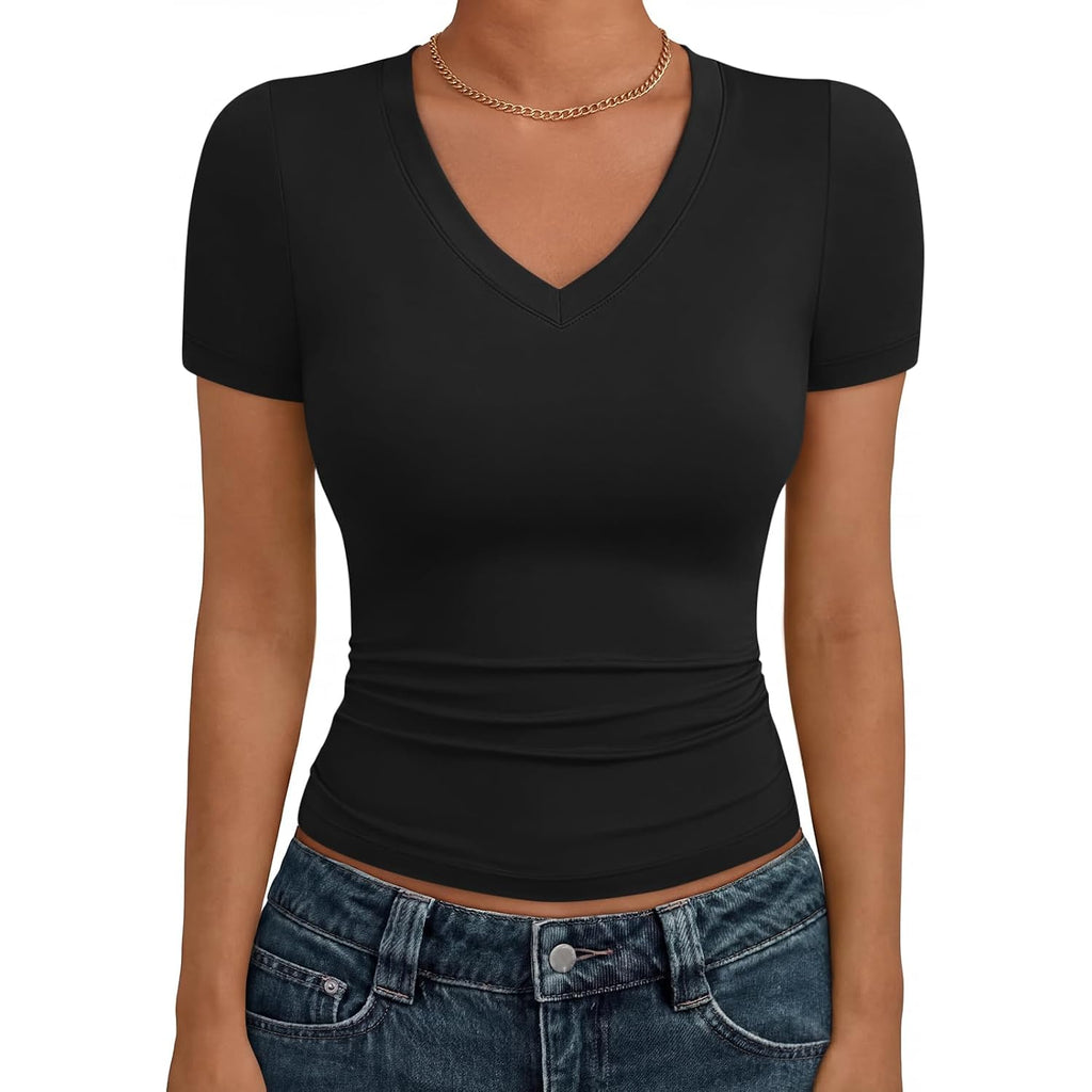 Trendy Queen Womens Basic V Neck Short Sleeve Spring T Shirts Slim Fit Crop Y2k Tee 2026 Summer Gym Workout Cute Top
