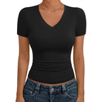 Trendy Queen Womens Basic V Neck Short Sleeve Spring T Shirts Slim Fit Crop Y2k Tee 2026 Summer Gym Workout Cute Top