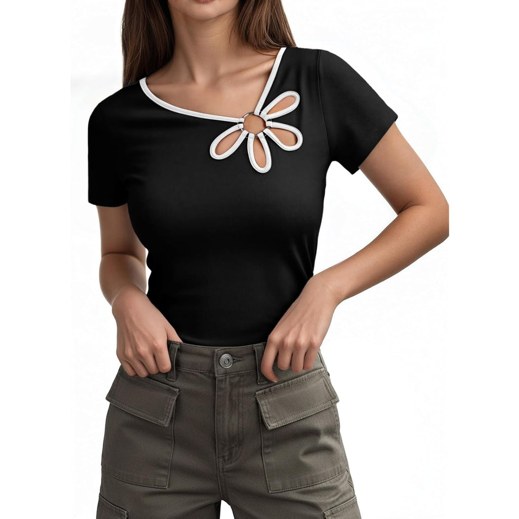 Dokotoo Womens Tops Summer Short Sleeve Crew Neck Slim Fitted Blouse Trendy Cut Out Floral Pattern Basic Tees Shirts