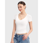 PUMIEY Women's V Neck Short Sleeve T Shirts Slim Fit Going Out Tops Sexy Basic Tee Sharp Collection