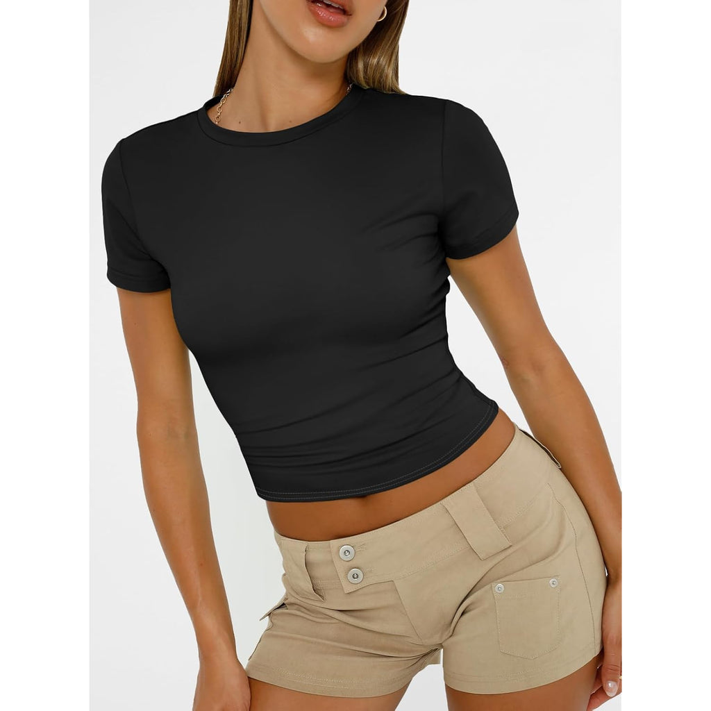 AUTOMET Women's Crew Neck Short Sleeve Basic Stretchy Tight Fitted T-Shirt 2026