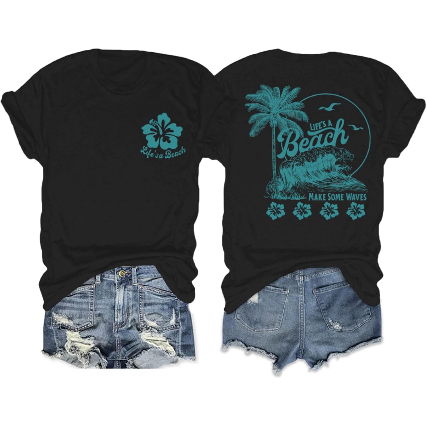 Hawaiian Beach T Shirts for Women Hibiscus Flower Palm Tree Shirt Tropical Graphic Tees Summer Beachy Vacation Tops