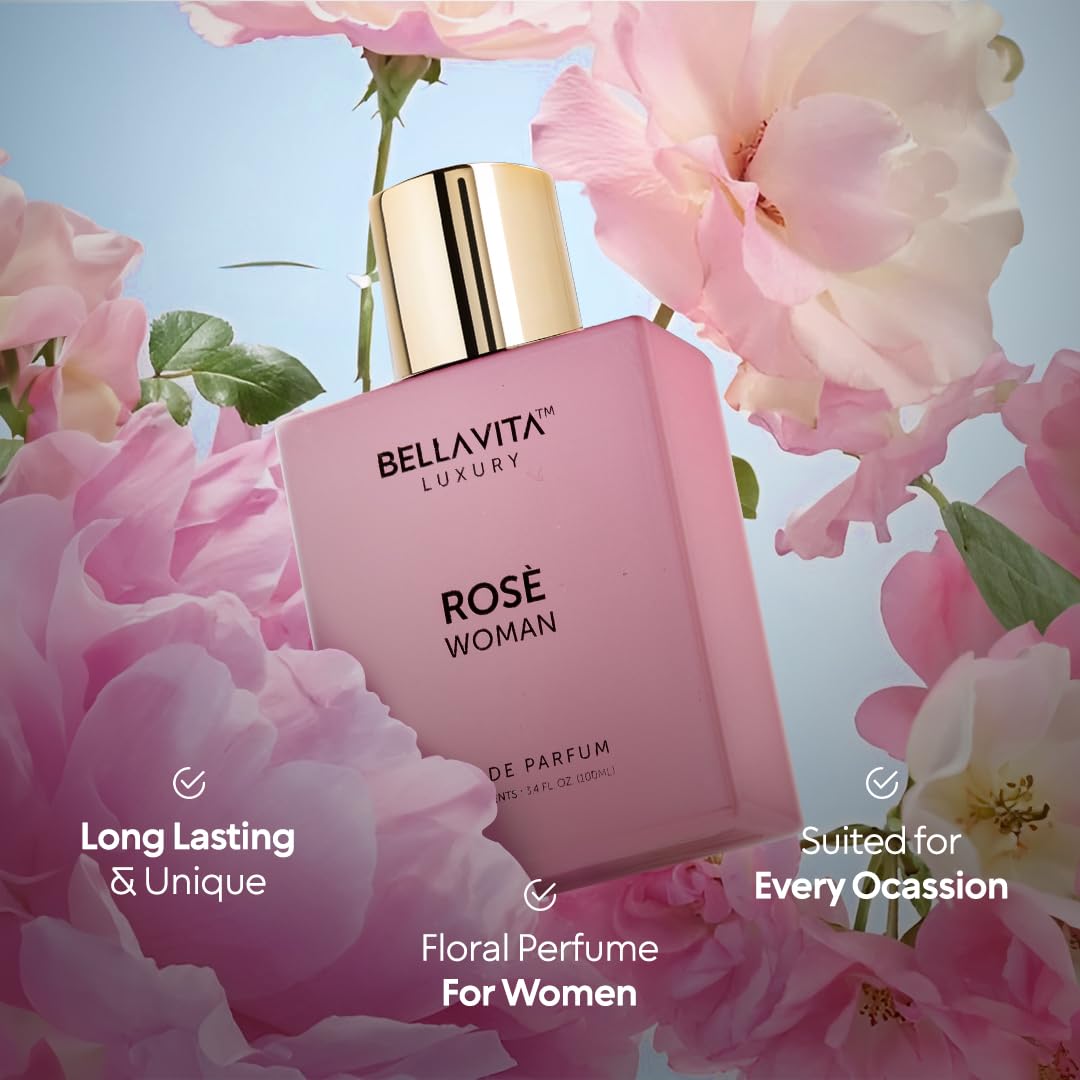 Bellavita Luxury ROSE Eau de Parfum | 100 ml (3.4 fl.oz.) | Perfume for Women | Fresh, Floral Peach, Jasmine, and Ambery Musk Notes | Long Lasting Women's Day Special Fragrance