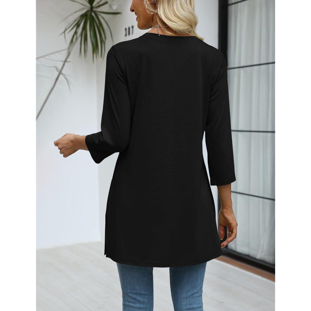 Women's Side Slit V-Neck Tunic Top Black