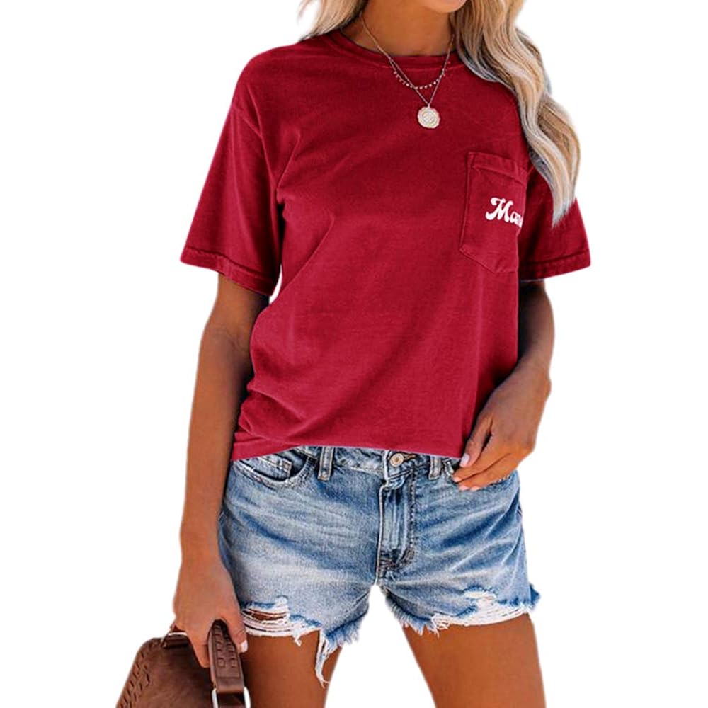 NIUBIA Women's Letter Print Basic Crew Neck Tee Summer Short Sleeve T-Shirt with Pockets Loose Fitting Tops