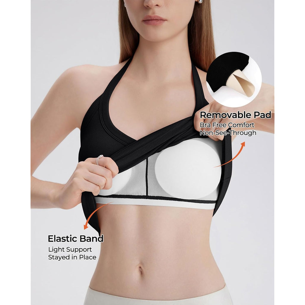 SUUKSESS Halter Tank Top for Women with Built in Bra Cotton Ribbed V Neck Cami