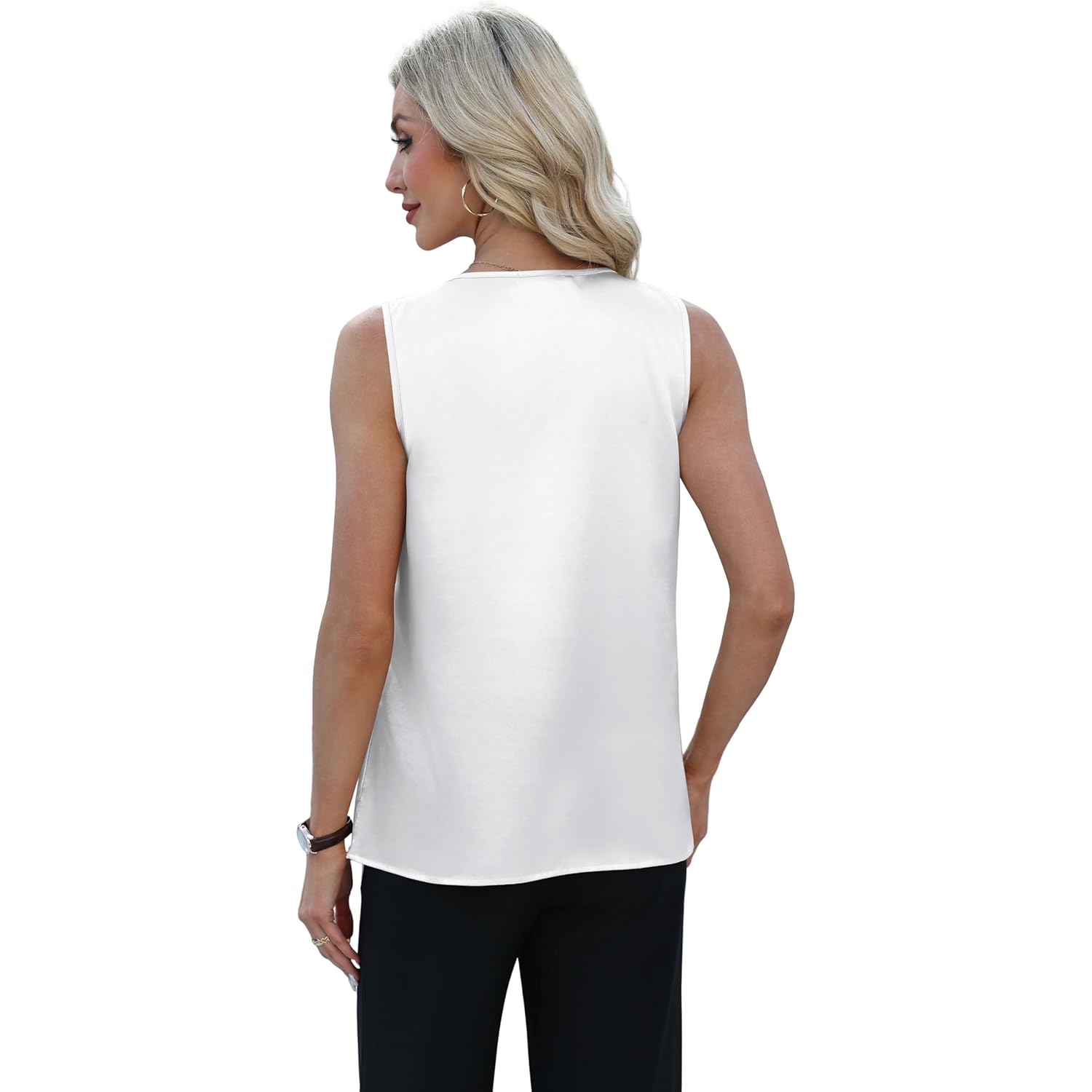 Women's Pleated Satin V-Neck Tank Top White