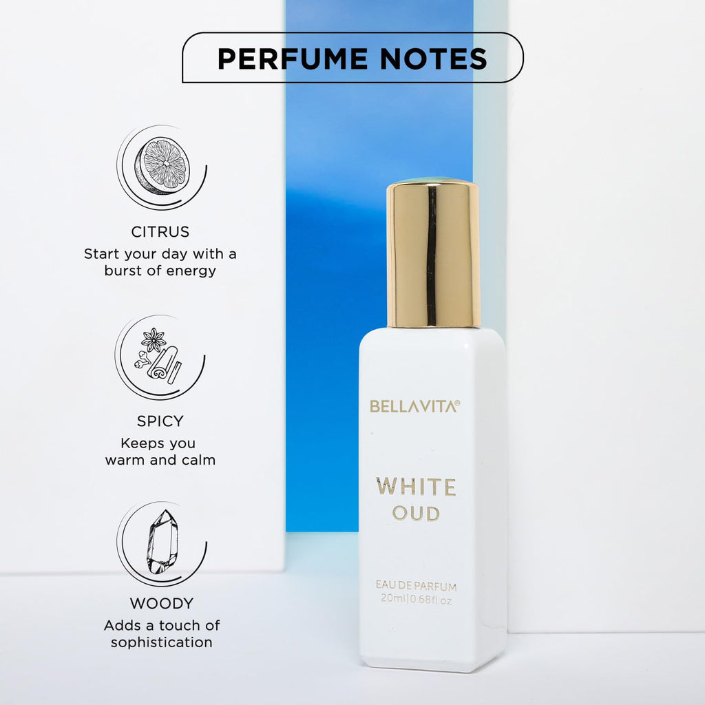 Bellavita Luxury WHITE OUD Eau de Parfum | 20 ml (0.7 fl.oz.) | Travel Size Perfume for Men and Women | Fruity, Artemisia Lemon, Freesia, and Tobacco Notes | Long Lasting Unisex Fragrance