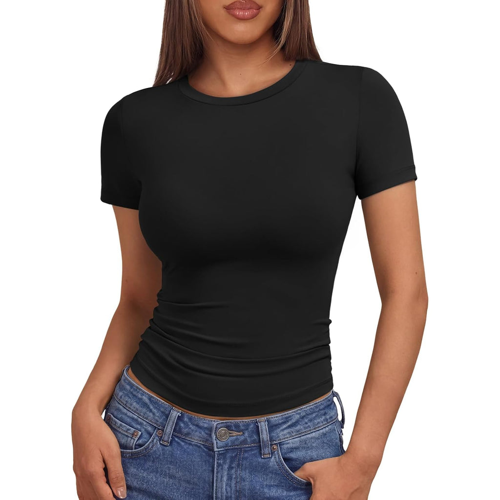AUTOMET Women's Crew Neck Short Sleeve Basic Stretchy Tight Fitted T-Shirt 2026
