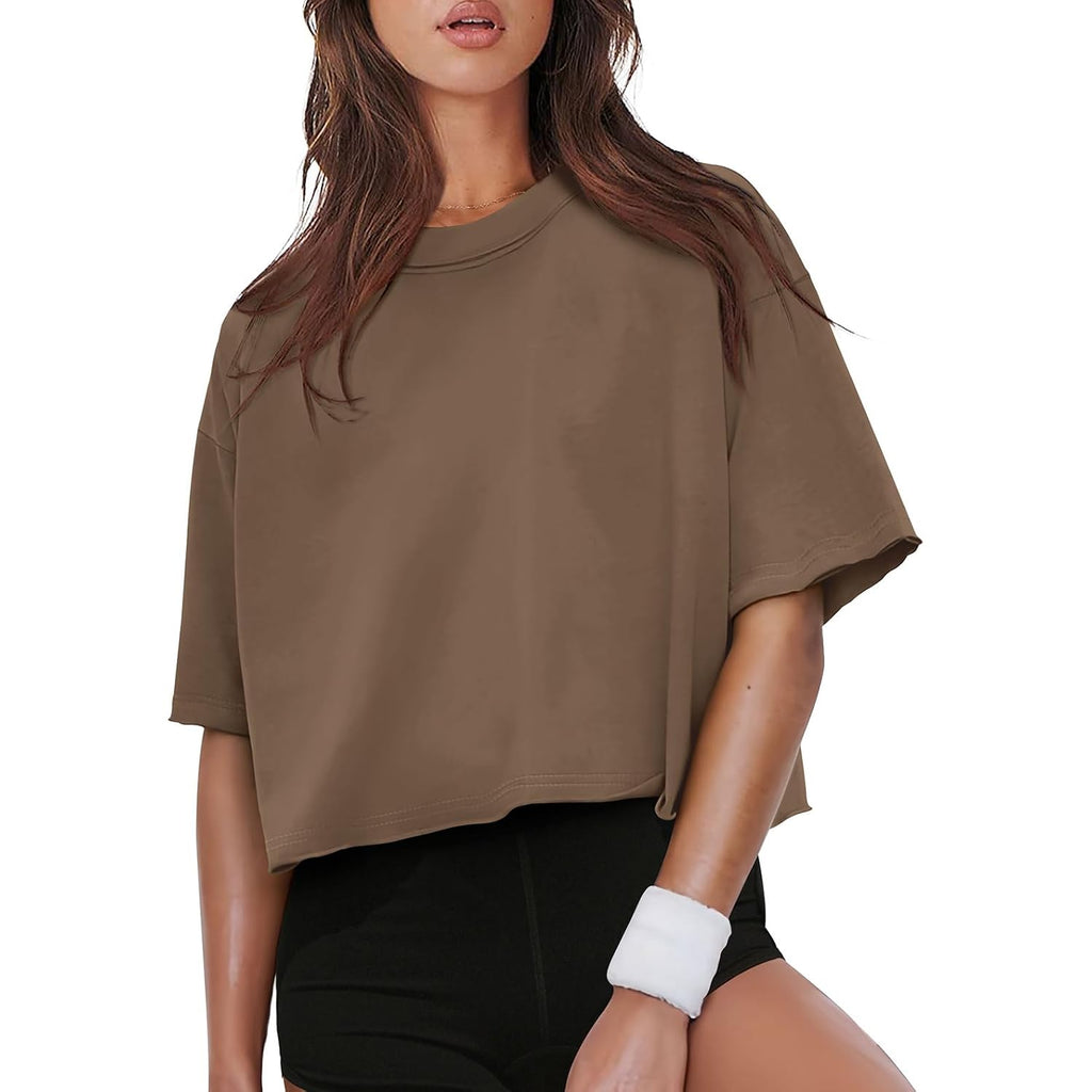 XIEERDUO Cotton Tshirts for Women Drop Shoulder Round Neck Oversized Crop Tops Workout Tops Tees