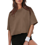 XIEERDUO Cotton Tshirts for Women Drop Shoulder Round Neck Oversized Crop Tops Workout Tops Tees