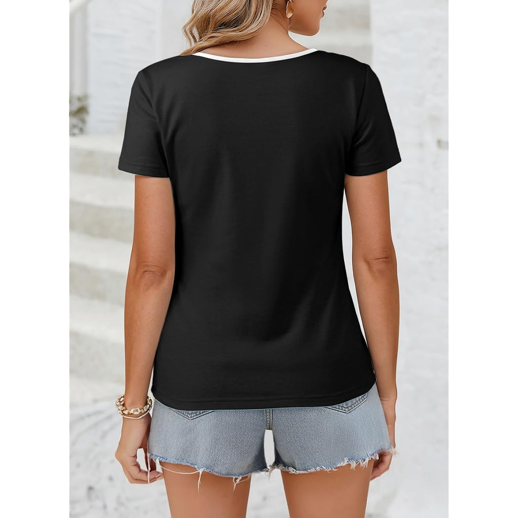 Dokotoo Womens Tops Summer Short Sleeve Crew Neck Slim Fitted Blouse Trendy Cut Out Floral Pattern Basic Tees Shirts