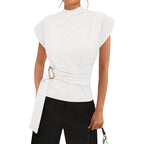 Women's Mock Neck Buckle Tunic Top White