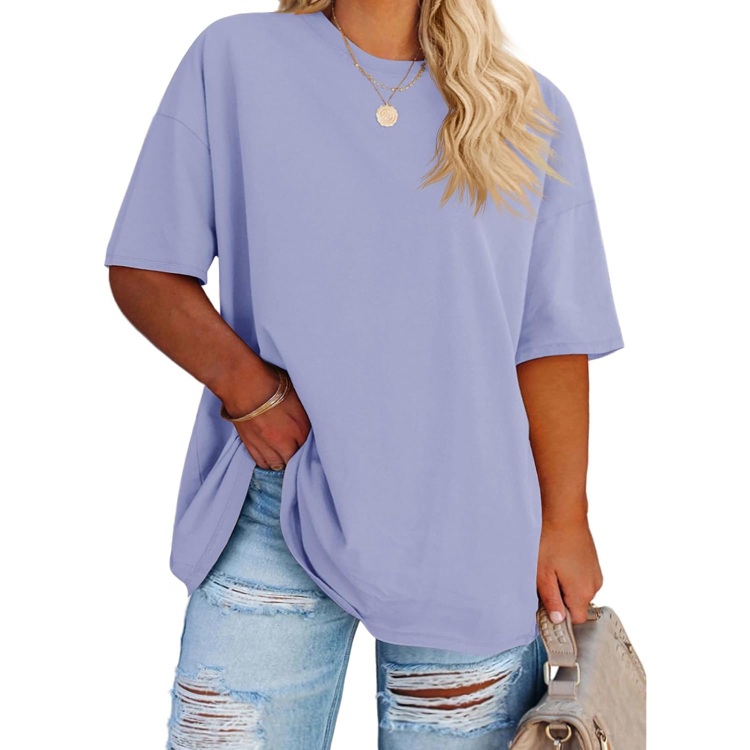 Fisoew Women's Plus Size T Shirts Oversized Tees Summer Half Sleeve Crew Neck Tunic Tops