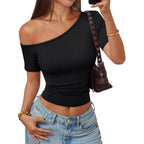 Trendy Queen Womens Off The Shoulder Short Sleeve Y2k Tops Going Out Crop T-Shirts 2026 Cute Summer Clothes