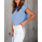 Tankaneo Womens Short Sleeve Cropped T-Shirts Summer Rolled Dolman Sleeve Crop Tops Casual Round Neck Solid Short Basic Tees