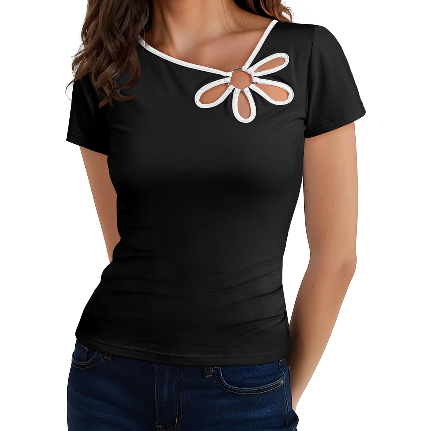 Dokotoo Womens Tops Summer Short Sleeve Crew Neck Slim Fitted Blouse Trendy Cut Out Floral Pattern Basic Tees Shirts