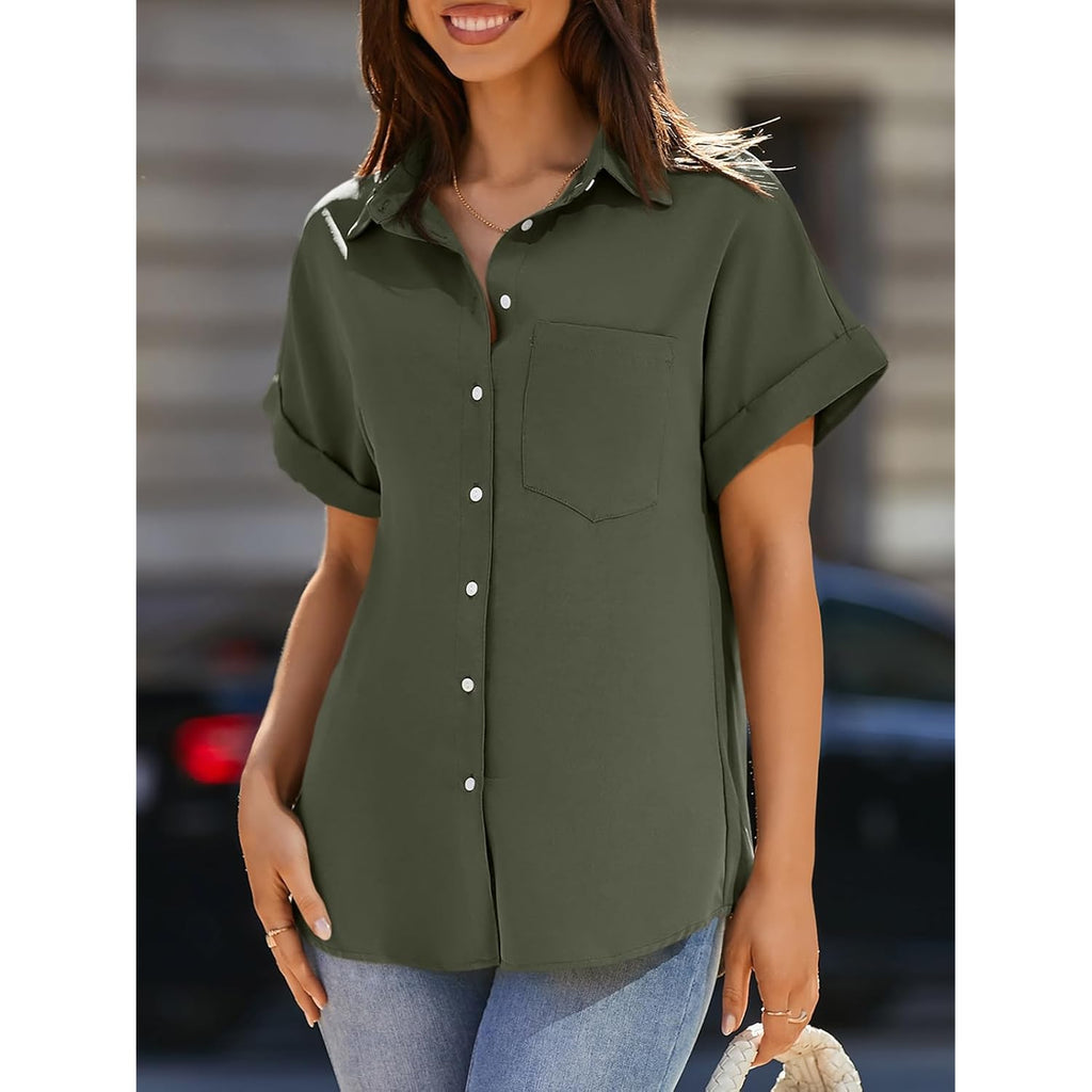 Women's Pocket V-Neck  Button Down Shirt Army Green