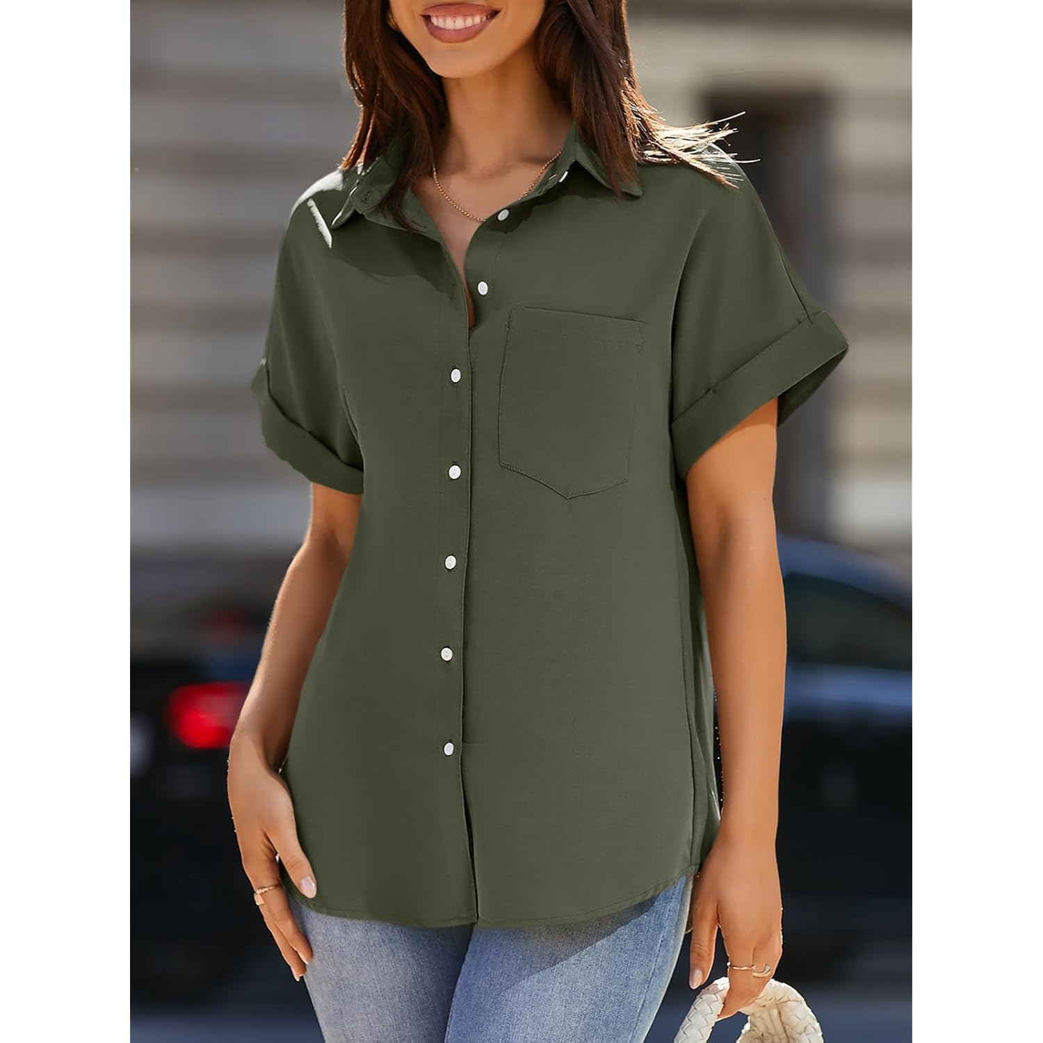 Women's Pocket V-Neck  Button Down Shirt Army Green