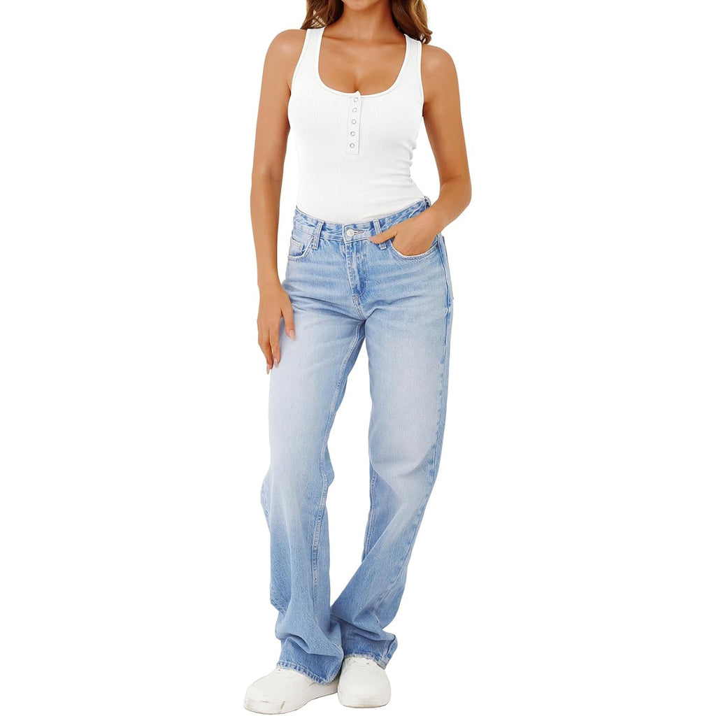 Women's Ribbed Henley Racerback Tank Top White