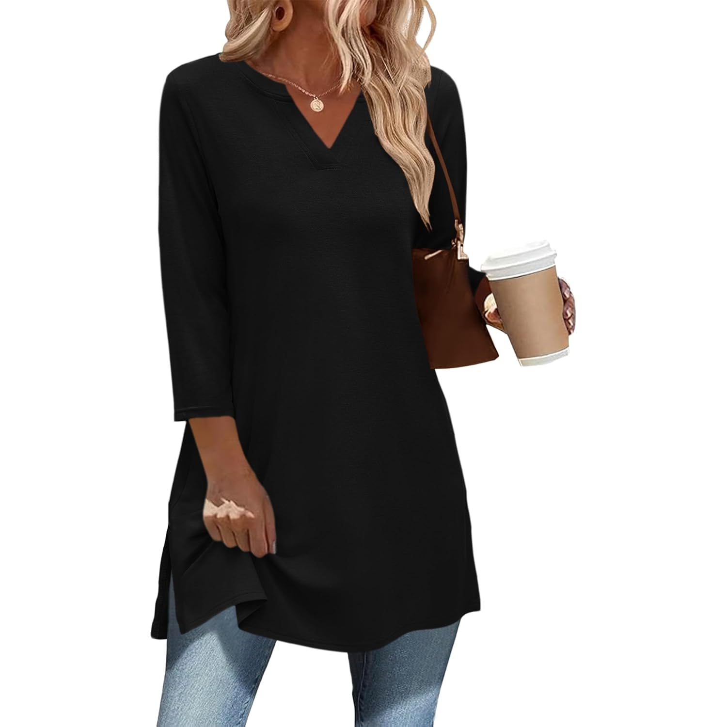 Women's Side Slit V-Neck Tunic Top Black