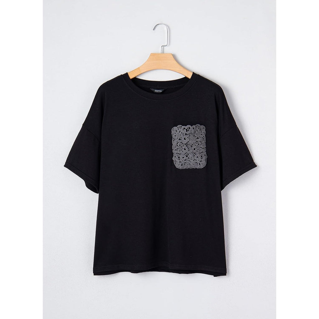 Dokotoo Womens Tops Cute Lace Summer Short Sleeve 2026 Oversized Casual T Shirts Lace Pockets