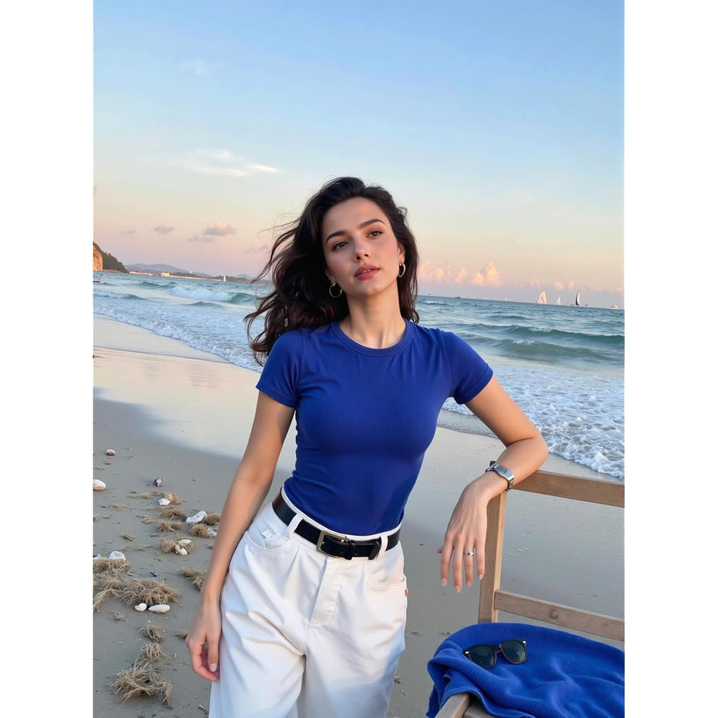 BIDITANLE Womens Summer Short Sleeve T-Shirt Ribbed Knit Crew Neck Slim Fitted Basic Casual Top