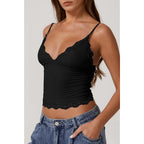 QINSEN Women's Double Layer Crop Cami V-Neck Lace Trim Tank Top with Adjustable Straps Delicate Overlay for Summer