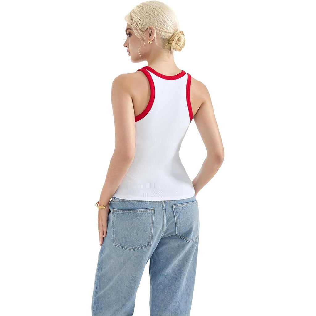 Women's High Neck Racerback Tank Top White/Red