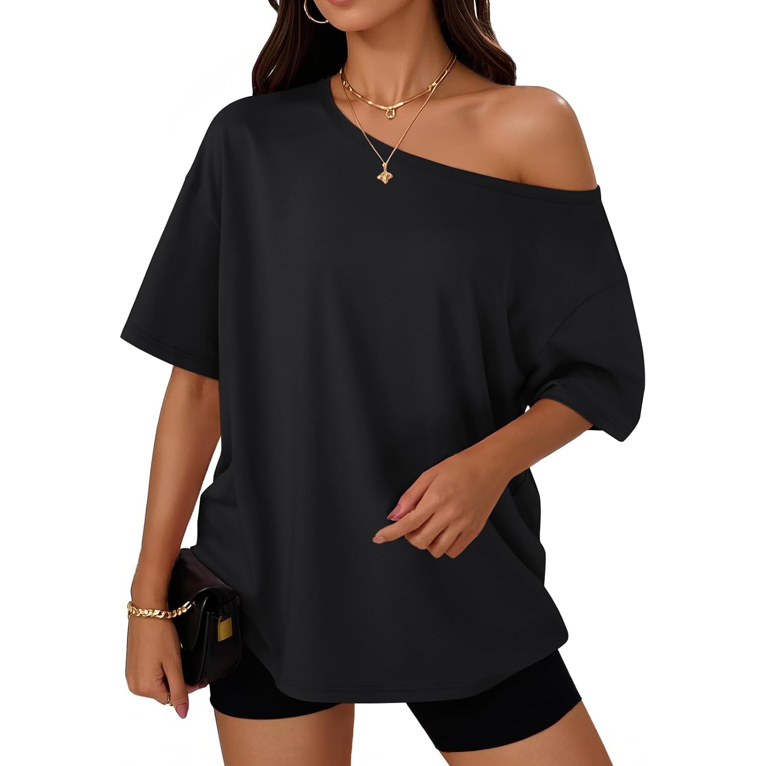 Trendy Queen Womens Off the Shoulder Tops Oversized Summer Spring T-Shirts 2026