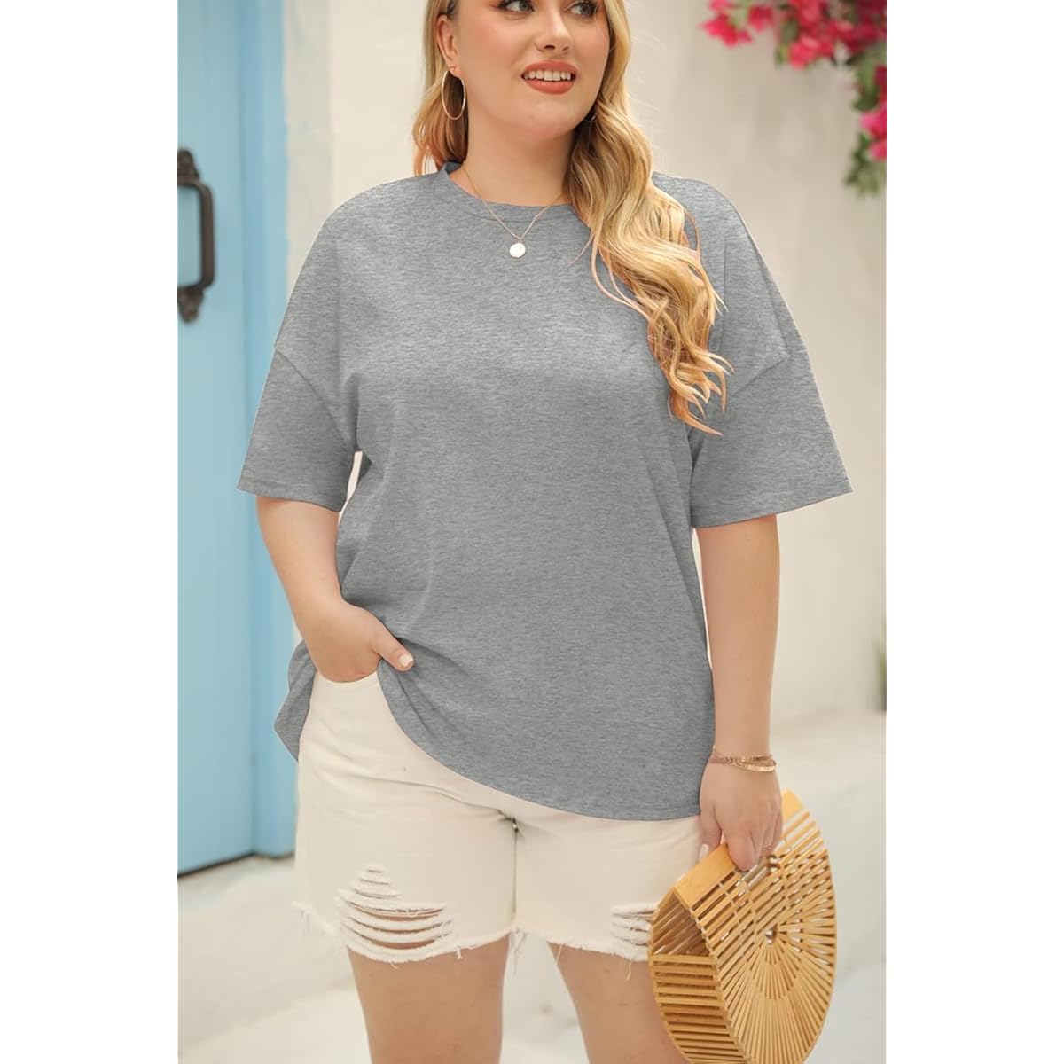 Women's Oversized Crew Neck Tunic Top Light Grey