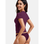 YEOREO Ease Women Fitted Workout Tops Short Sleeve Double Lined Basic Y2K Going Out Crew Neck Compression Crop Top