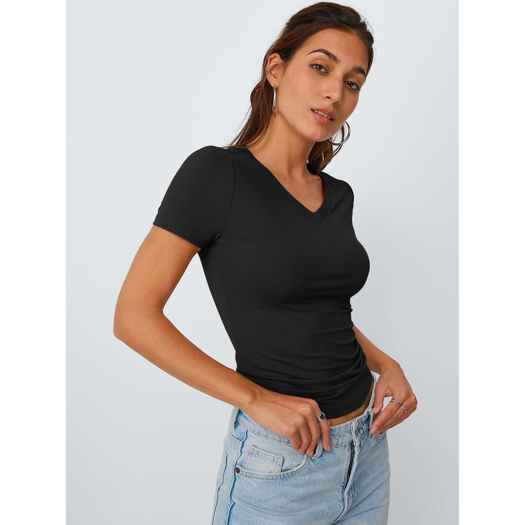 Trendy Queen Womens Basic V Neck Short Sleeve Spring T Shirts Slim Fit Crop Y2k Tee 2026 Summer Gym Workout Cute Top