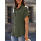 Women's Pocket V-Neck  Button Down Shirt Army Green