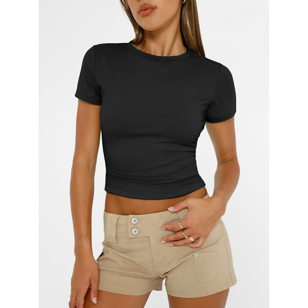 AUTOMET Women's Crew Neck Short Sleeve Basic Stretchy Tight Fitted T-Shirt 2026