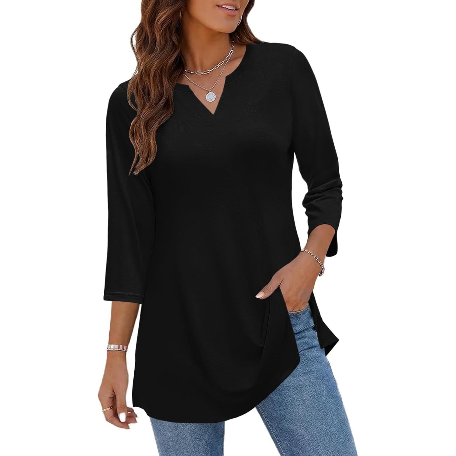 Women's Side Slit V-Neck Tunic Top Black
