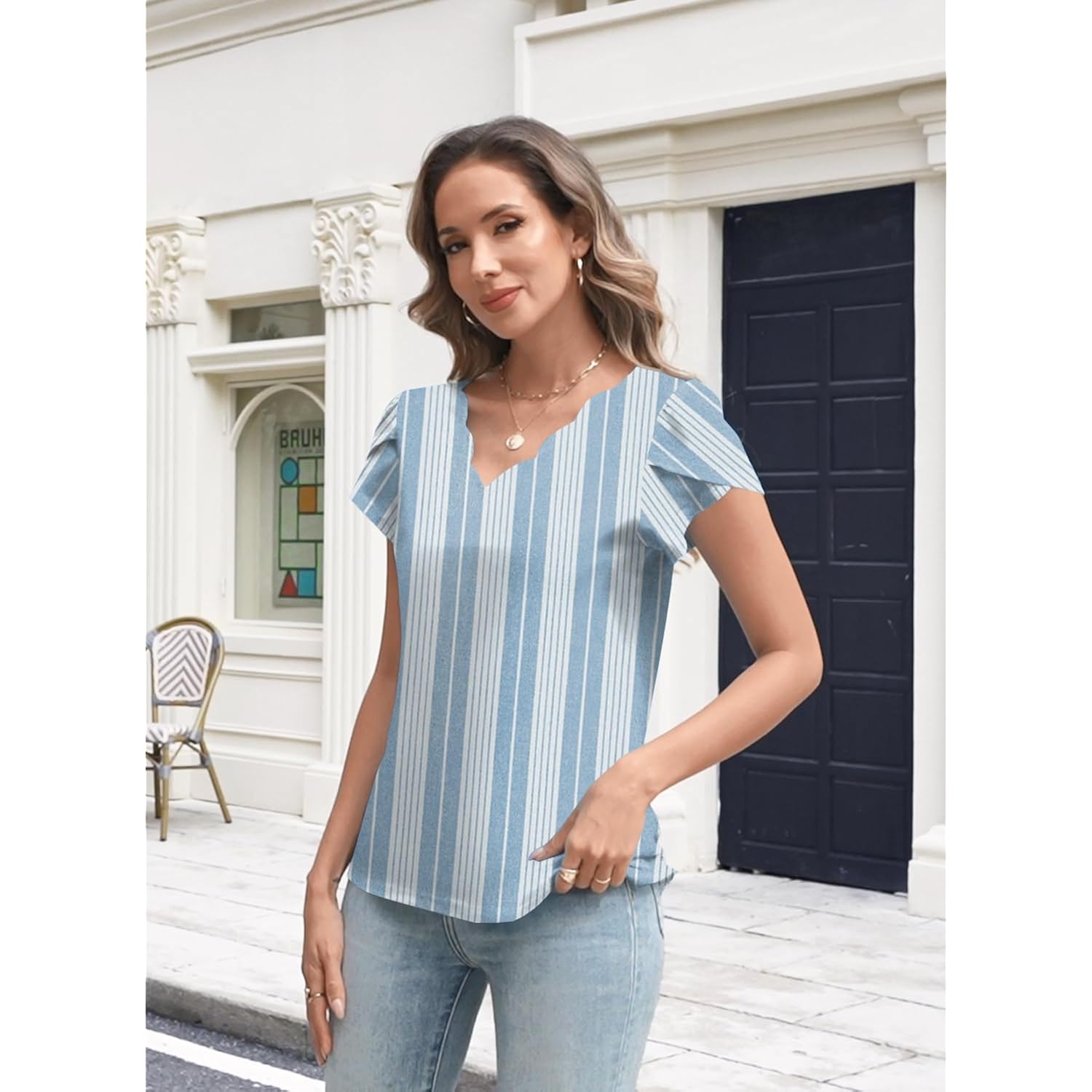 Women's Petal Sleeve V-Neck Tunic Top Striped Blue
