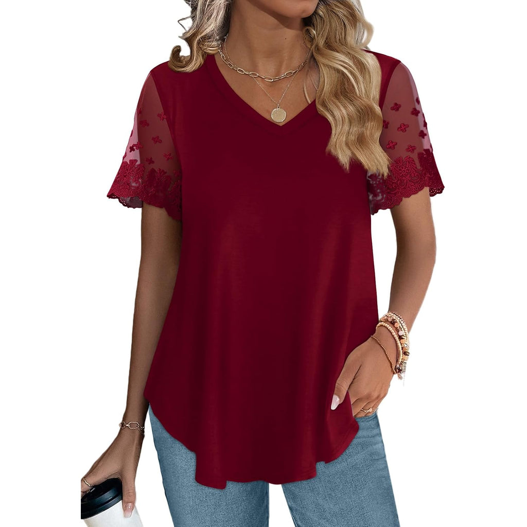OFEEFAN Casual V Neck T Shirts for Women Lace Short Sleeve Curved Hem Tops Loose Fit